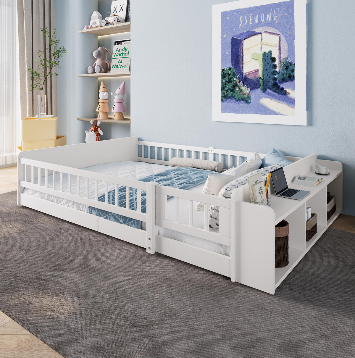 KINDERBETT 140/200 cm aus Kiefer und MDF mit offenem Stauraum und aufklappbarer Zauntür Weiß - Weiß, Holz (140/200cm) - Modenvie