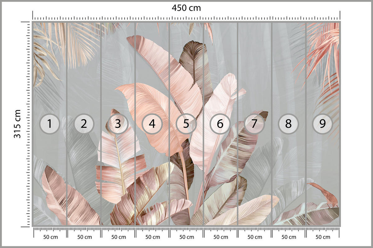 FOTOTAPETE für Esszimmer Tropische Pastell Bananenblätter 450x315 - Beige/Rosa, Papier (450/315cm) - Muralo