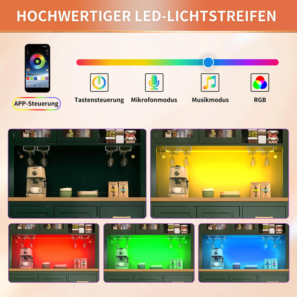 BUFFETSCHRANK 105,5/40/180 cm grün aus MDF mit LED-Lichtleiste - Grün, Holzwerkstoff (105.5/180/40cm) - OKWISH