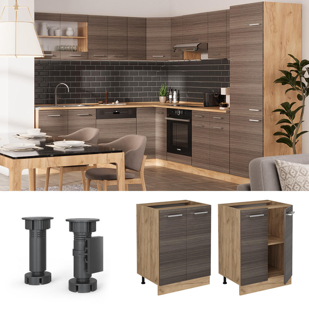 KÜCHENUNTERSCHRANK R-Line Edelgrau 60 cm , AP Eiche - Honigeiche/Eiche Wotan, Holzwerkstoff (60/81.6/60cm) - Vicco