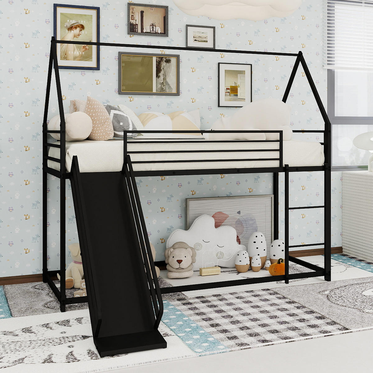 ETAGENBETT 90/190 mit Rutsche, Treppe und Hausdesign - Schwarz, Holzwerkstoff (90/190cm) - EVRYAE
