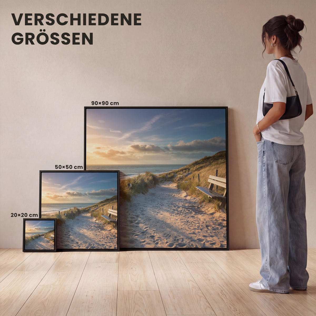 LEINWAND Bilder mit Rahmen - Sonnenuntergang - Strand - Düne - Gras - Ufer - 90x90 - Sandfarben, Textil (90/90cm) - MuchoWow
