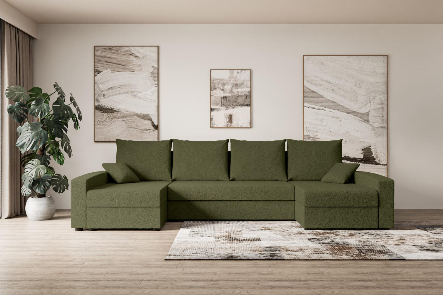 WOHNLANDSCHAFT mit Schlaffunktion und Bettkasten ALESIA-U 301x140x90 cm Grün Bouclé - Silberfarben/Grün, Holzwerkstoff/Kunststoff (301/90/140cm) - ALTDECOR