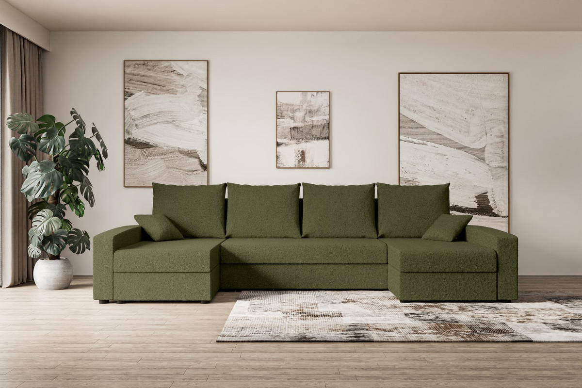 WOHNLANDSCHAFT mit Schlaffunktion und Bettkasten ALESIA-U 301x140x90 cm Grün Bouclé - Silberfarben/Grün, Holzwerkstoff/Kunststoff (301/90/140cm) - ALTDECOR