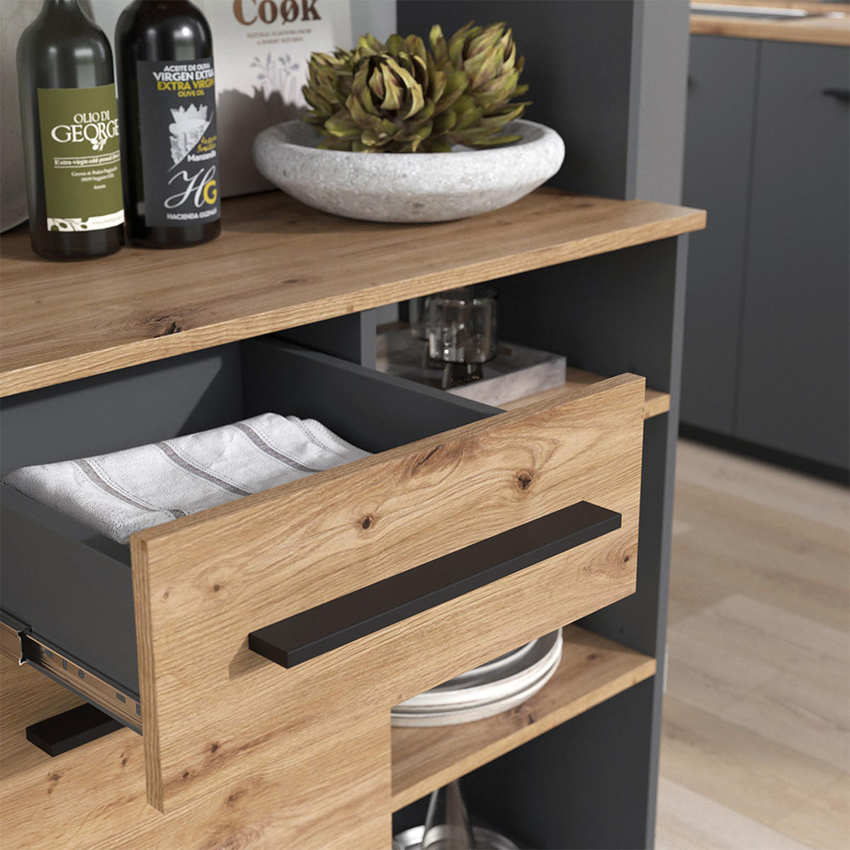 KÜCHENBUFFET Pure, Artisan-Eiche/Anthrazit, 120.2 x 177 cm - Anthrazit/Eiche Artisan, Holzwerkstoff (120.2/177/40.5cm) - Vicco