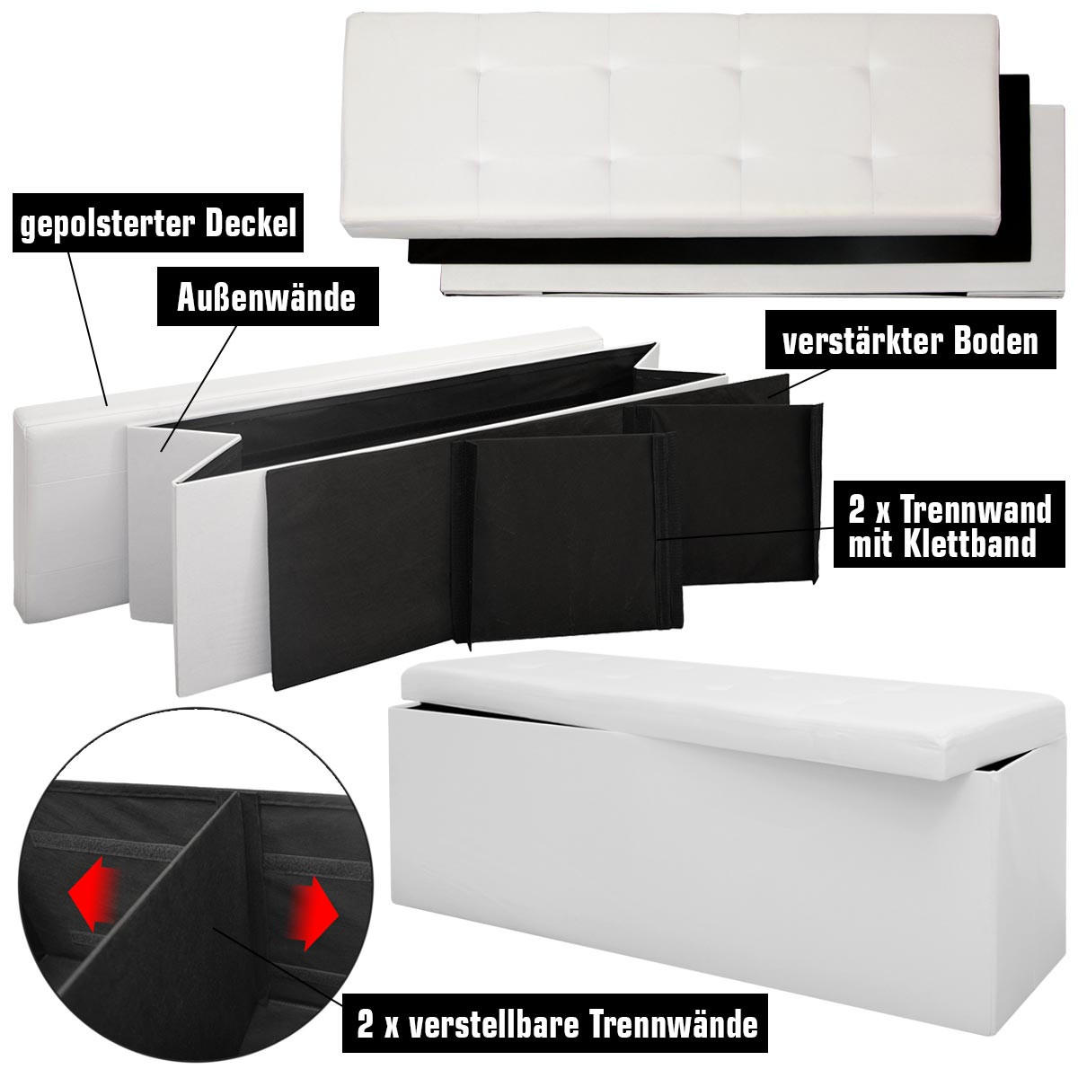 SITZBANK Faltbar, 110/38/38 cm, mit 2 Trennwänden, 120 Liter, Weiß - Weiß, Kunststoff (38/38/110cm) - Dunedesign