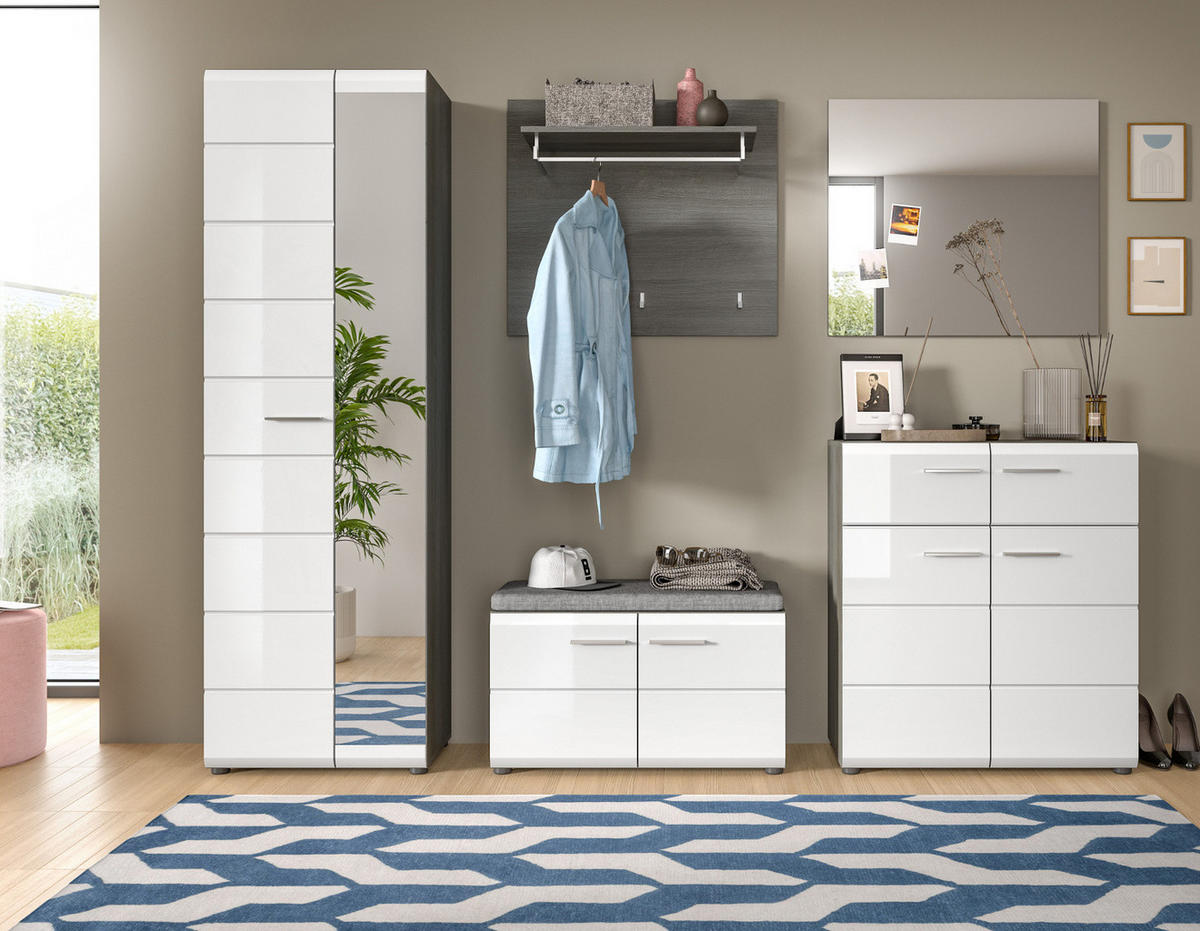 GARDEROBE Set 5-teilig weiß Hochglanz, grau 250 cm, Komplettset mit viel Stauraum - Weiß Hochglanz/Silberfarben, Glas/Holzwerkstoff (250/192/37cm) - Inn.Furn