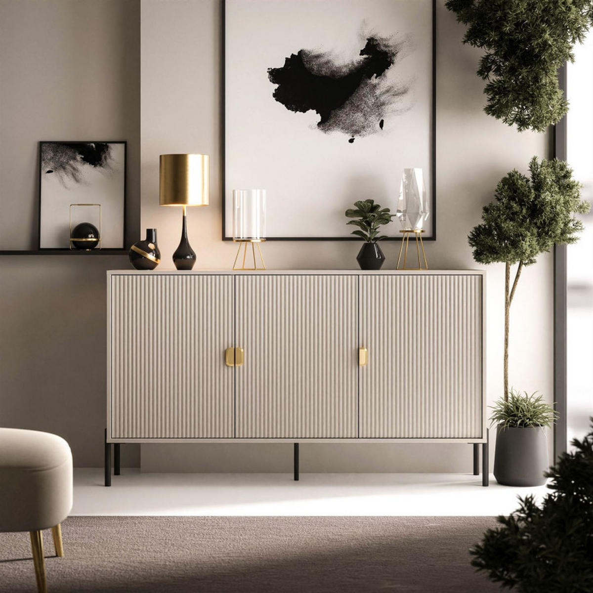 KOMMODE DALIA 3D - Kaschmir/Goldfarben, Holzwerkstoff (154/84/49cm) - Lookway