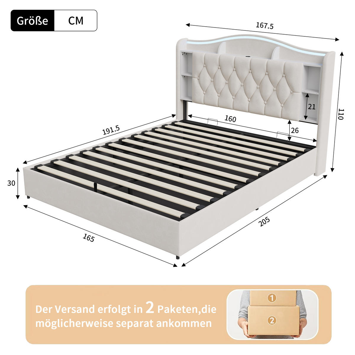 POLSTERBETT 160x190 cm mit Bettkasten, LED & USB, Doppelbett mit Kopfteil Stauraum und kabellosem Laden, Beige - Beige, Metall (160/190cm) - EuroLiving