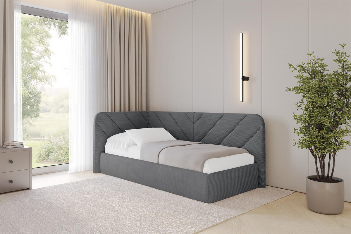 EINZELLBETT Jugendbett mit Bettkasten und Matratze H3/H4, Rechts - FIKY 80x200 Dunkelgrau - Schieferfarben, Holzwerkstoff/Textil (80/200cm) - ALTDECOR