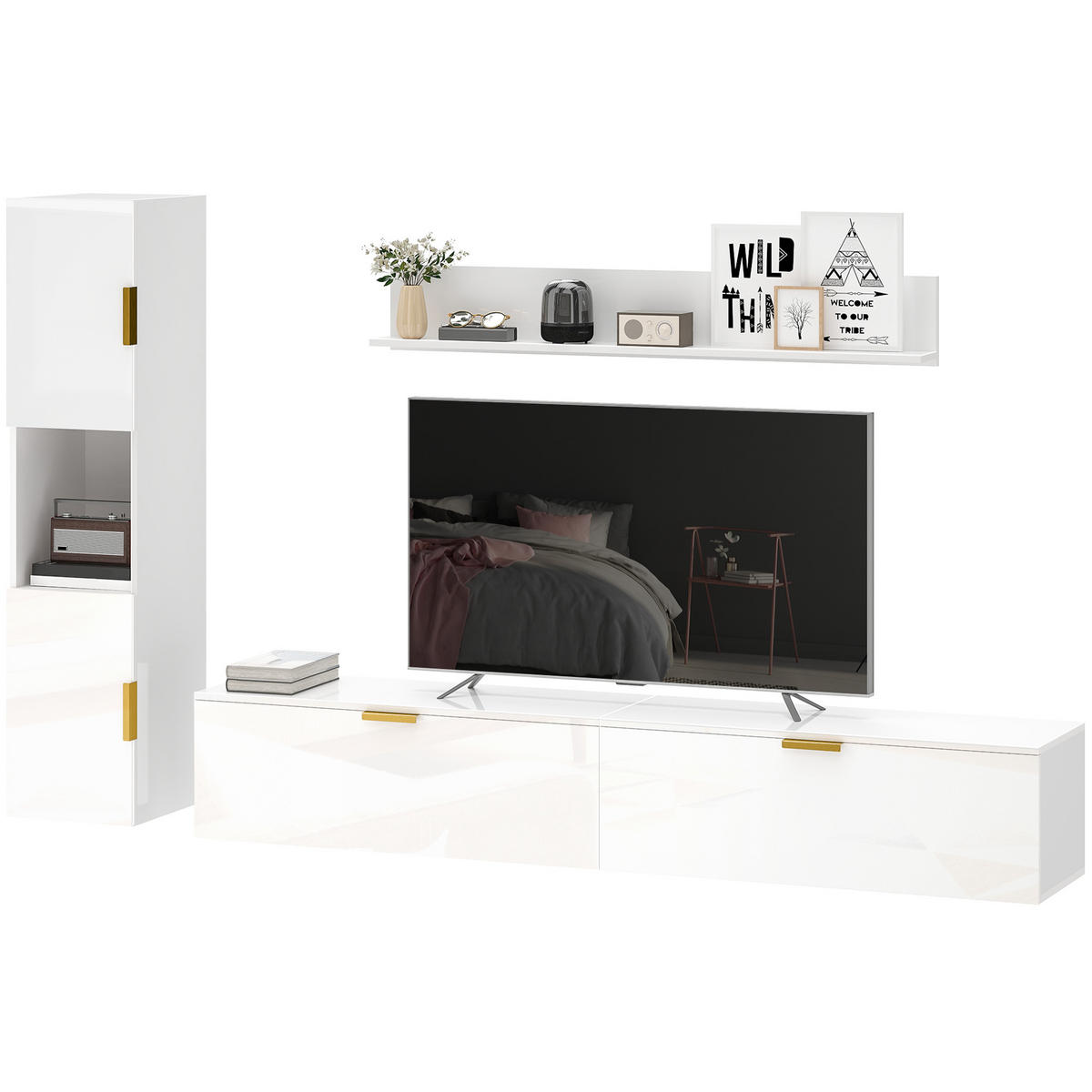 TV-BOARD DE-10902 schwebend mit Klapptüren Wandregal 180 cm Weiß - Weiß Hochglanz, Holzwerkstoff (33/30/180cm) - ComfortXL