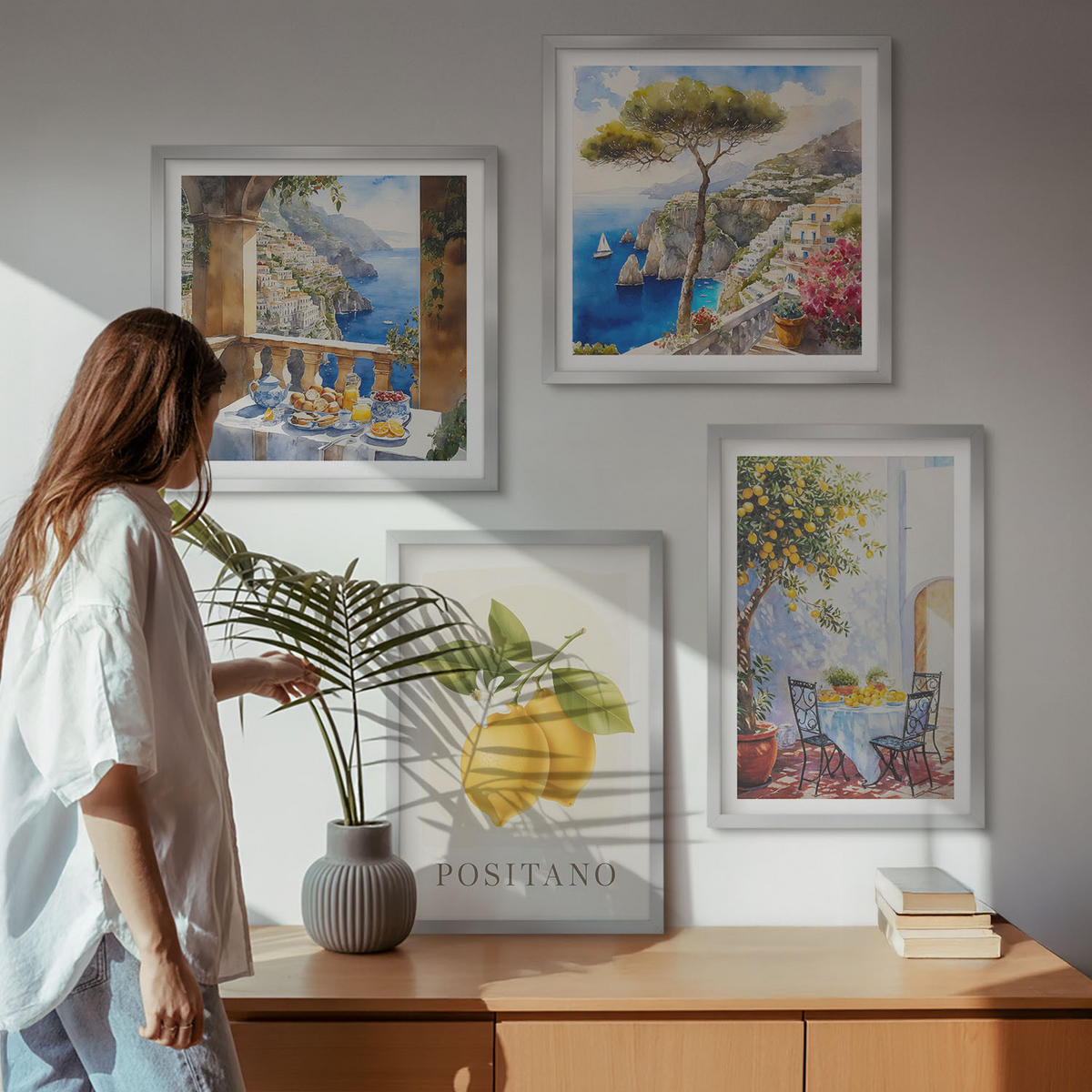 BILDER SET 4er Set - 50x50 cm & 40x60 cm Silberner Rahmen - Ansichten der Zitronenarchitektur von Positano - Silberfarben, Kunststoff (50/50cm) - TULUP