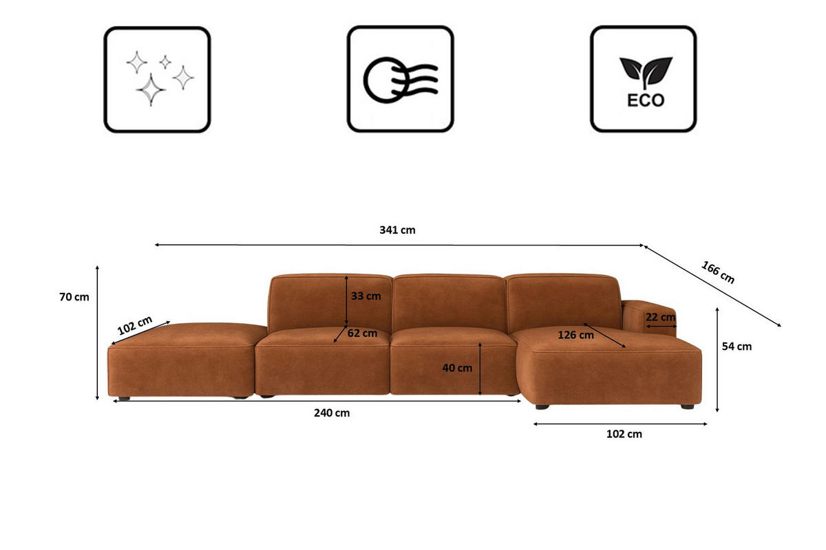 ECKSOFA Cursal L-Form, Stoff Salvador, Dunkelbraun + Hocker, Rechts - Dunkelbraun, Holz (341/166cm) - Kaiser Möbel