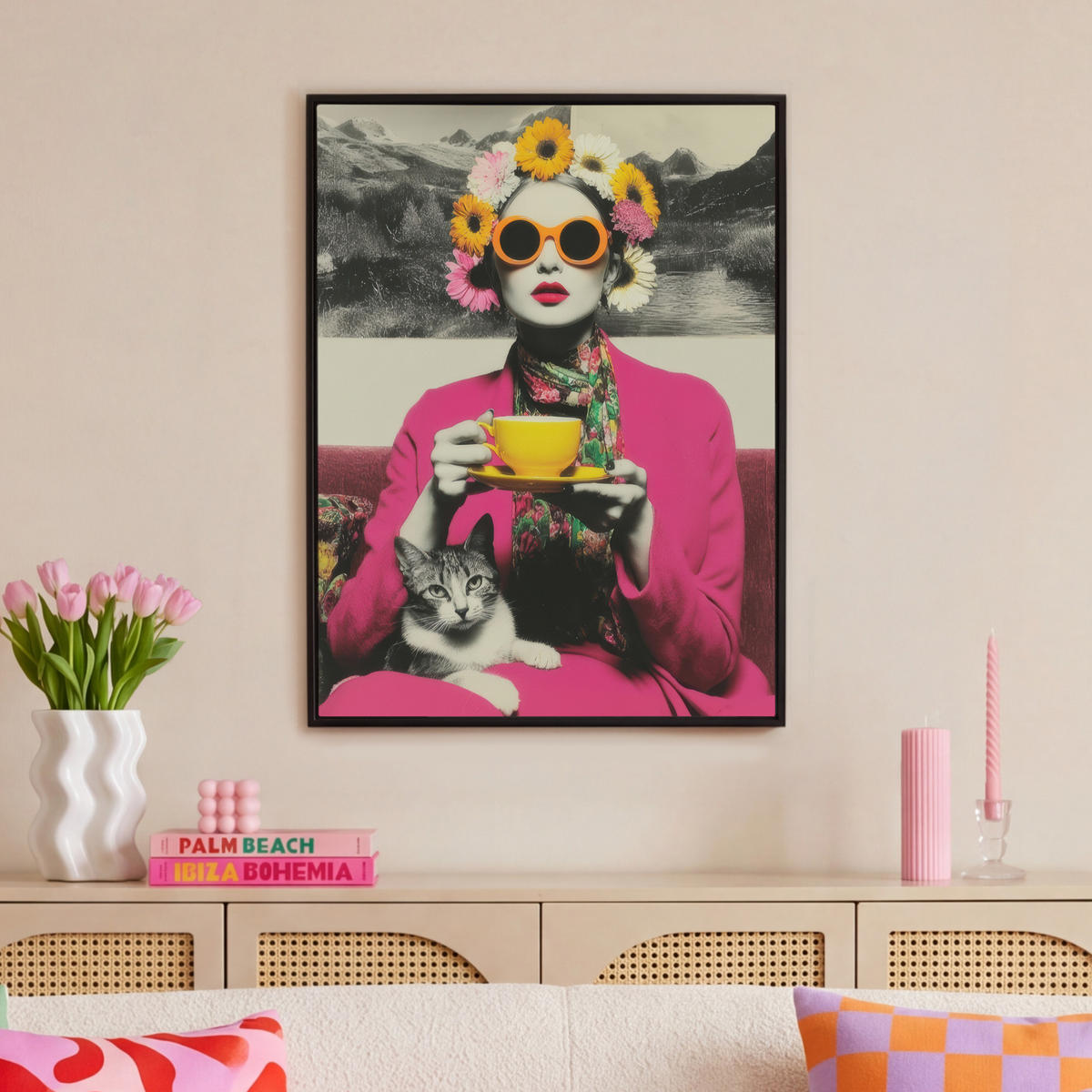 LEINWAND Bilder mit Rahmen - Frau - Katze - Blumen - Tasse - Retro - 70x100 - Magenta, Textil (70/100cm) - MuchoWow
