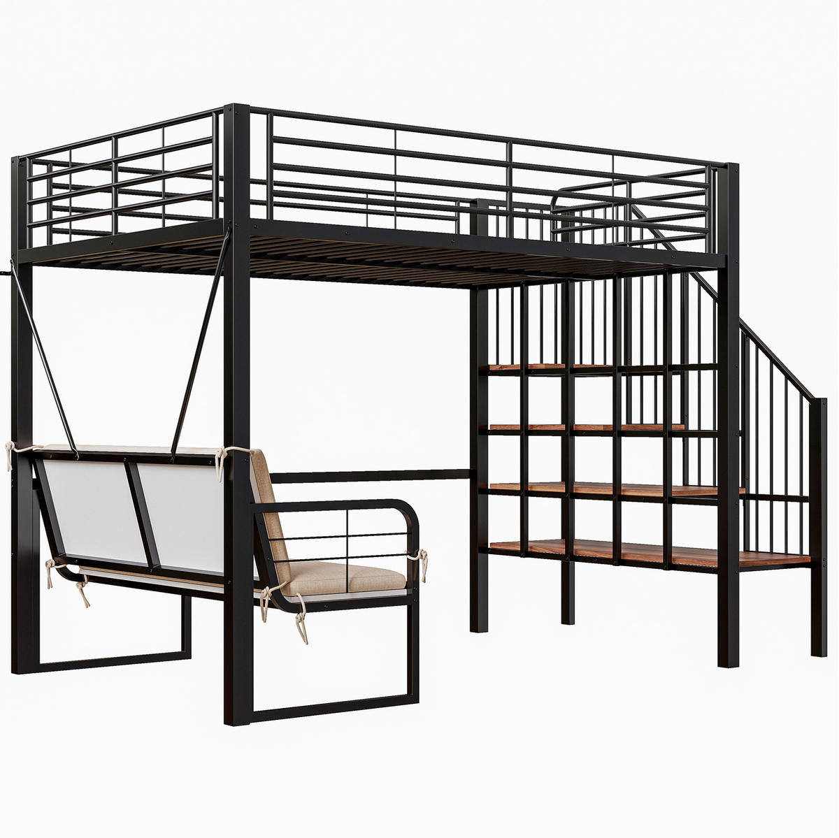 ETAGENBETT 140/200 cm, Schwarz mit Stauraum und Polstersofa - Schwarz, Metall (140/200cm) - MIVRAY