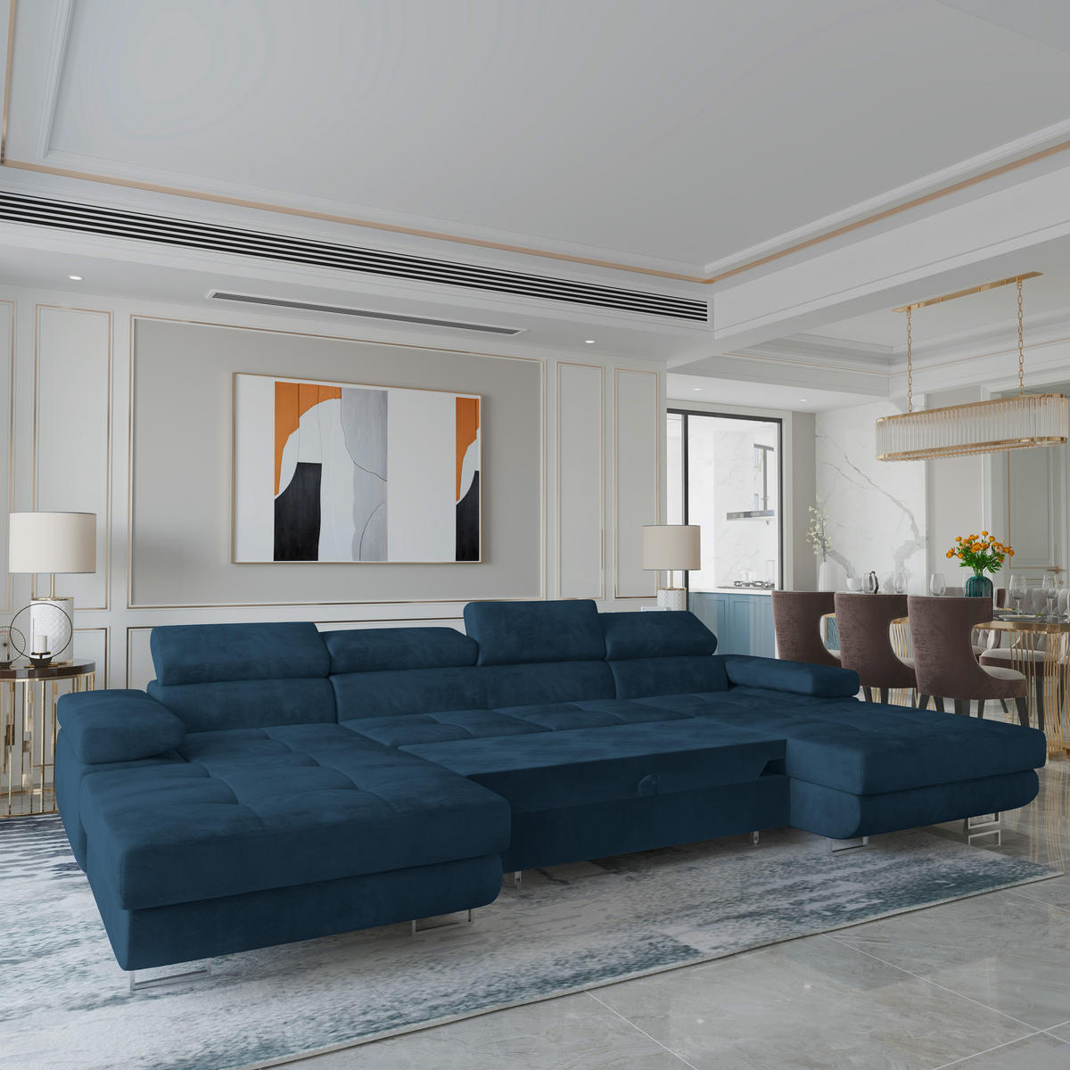 WOHNLANDSCHAFT LYKKE Blau Velours-Stoff mit Schlaffunktion - Blau, Holz (353/90/202cm) - MASSENO