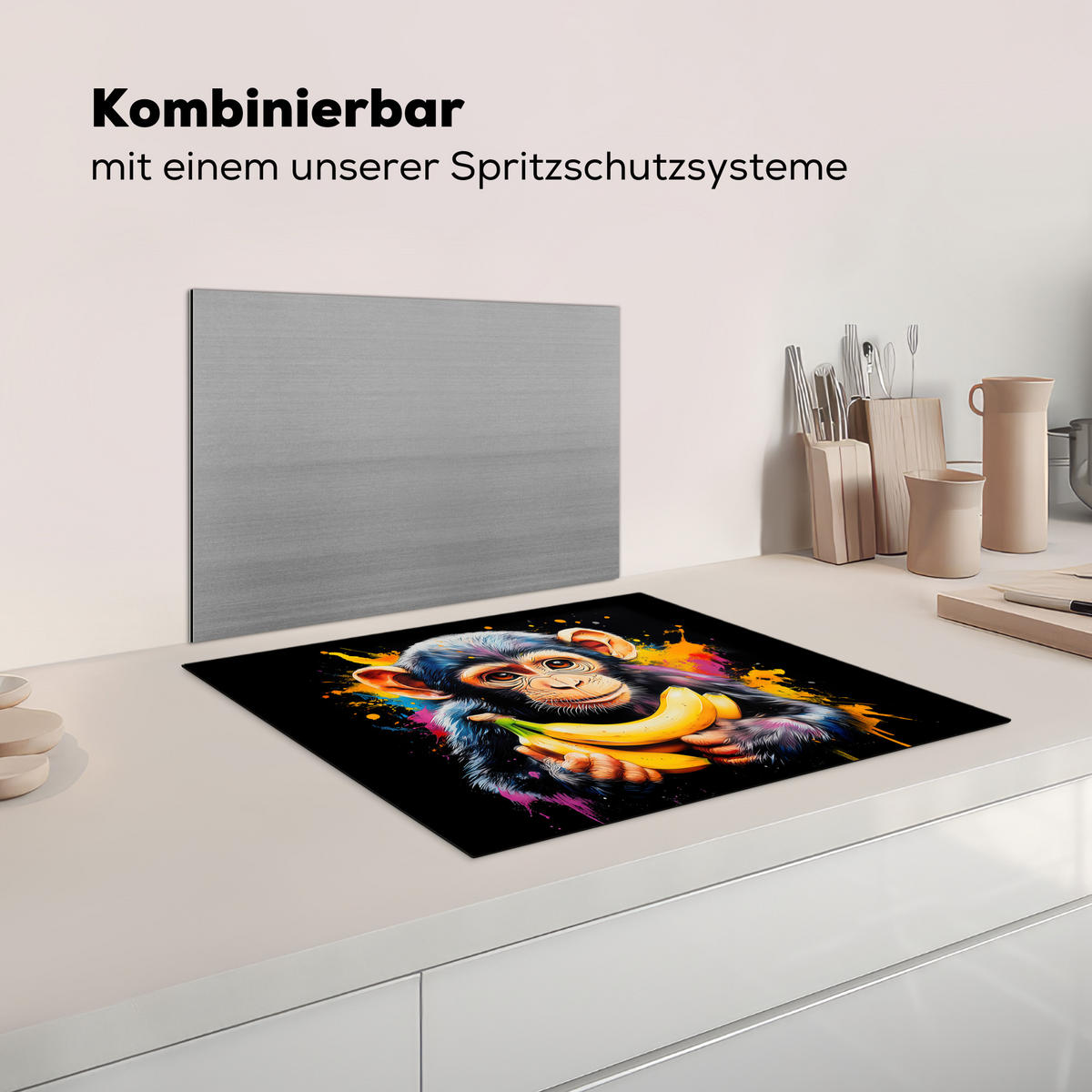 HERDABDECKPLATTE Affe - Graffiti - Farbenfroh - Bananen - Modern Herdabdeckung Induktionsfeld 65x52 cm - Gelb, Kunststoff (65/52/0.2cm) - MuchoWow