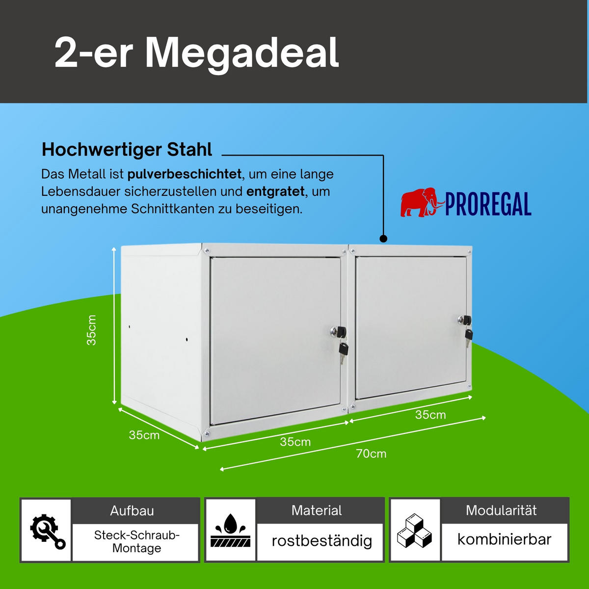SCHLIESSFACHWÜRFEL Cubic 2er-Set 35x35x35 cm Grau - Grau, Metall (70/35/35cm) - PROREGAL
