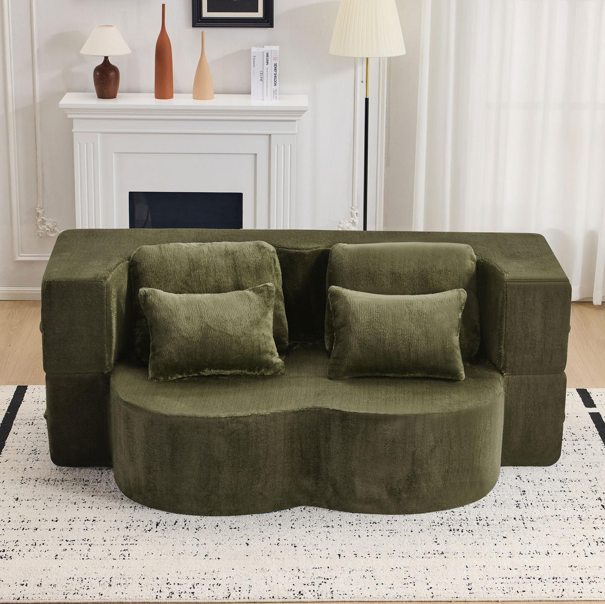 SCHLAFSOFA aus Plüschstoff 2-in-1 mit 4 Kissen, faltbar und multifunktional, Grün - Grün, Kunststoff (198/76/60cm) - Redom