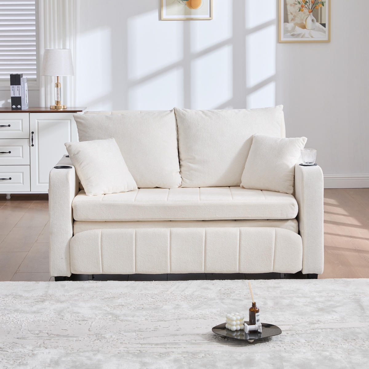 SCHLAFSOFA aus Chenille 139x83x73 cm in Beige mit Schlaffunktion & Seitentaschen - Beige, Textil (139/83/73cm) - Modfu