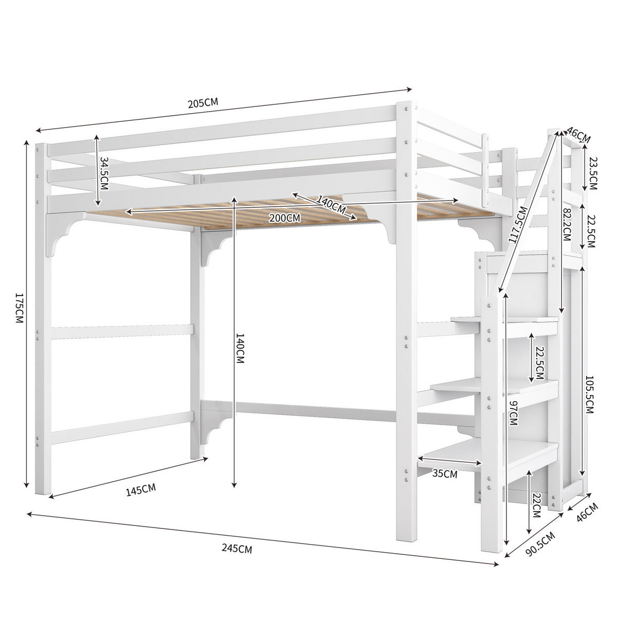 HOCHBETT 140/200 cm aus Kiefernholz mit Kleiderschrank und Treppe, Weiß - Weiß, Holz (140/200cm) - OKMYHOME