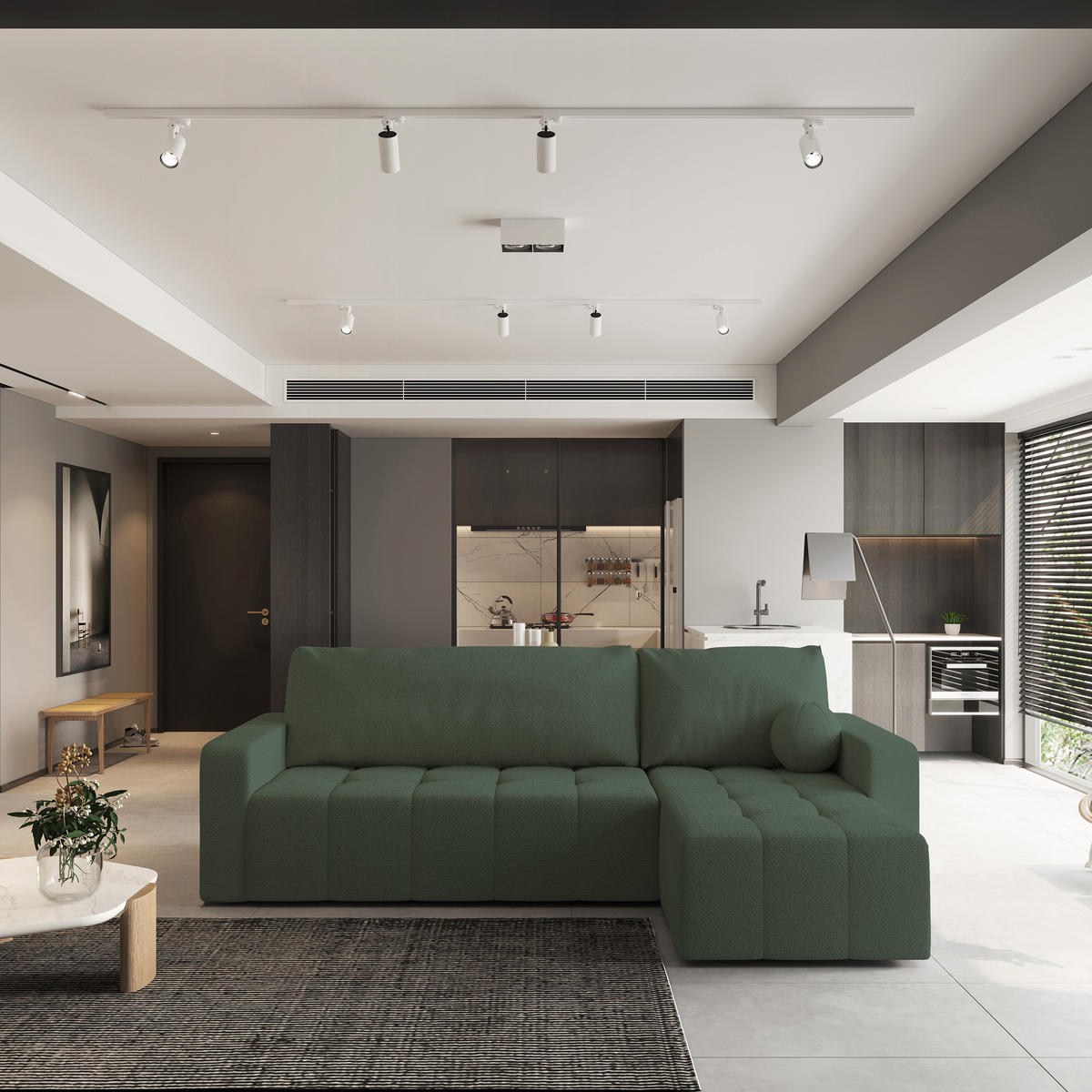 ECKSOFA VOLIRA Grün Boucle-Stoff mit Schlaffunktion - Grün, Holz (230/143cm) - MASSENO