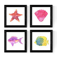 POSTER Set mit 4 Meerestieren 25x25 cm Schwarzer Rahmen - Schwarz, Papier (25/3cm) - Nacnic