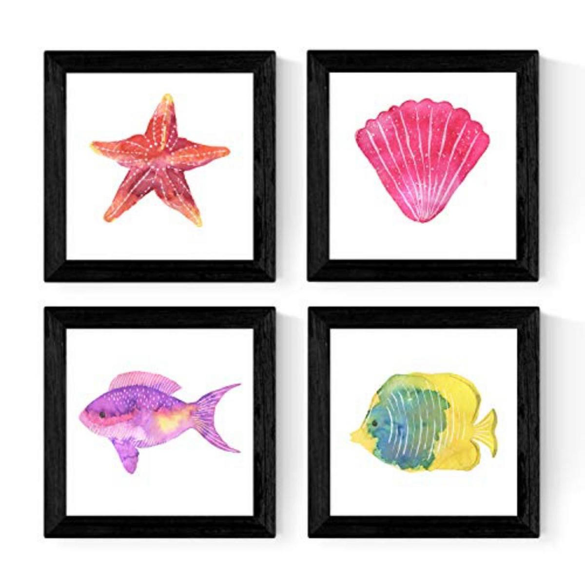 POSTER Set mit 4 Meerestieren 25x25 cm Schwarzer Rahmen - Schwarz, Papier (25/3cm) - Nacnic