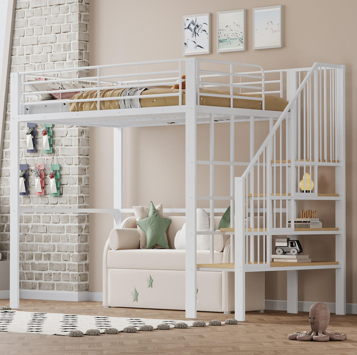 HOCHBETT 140/200 cm in Weiß – mit Treppe und Stauraum unter dem Bett - Weiß, Metall (140/200cm) - BEAOK