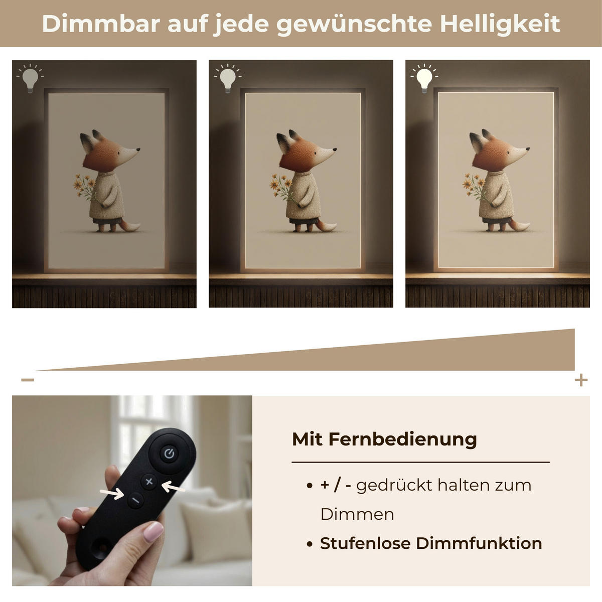 NÁSTĚNNÁ LAMPA S AKUMULÁTOREM Liška - Žluté květy - Minimalistický 40x60 cm - šedohnědá, kompozitní dřevo (40/60/8cm) - OnlyWow