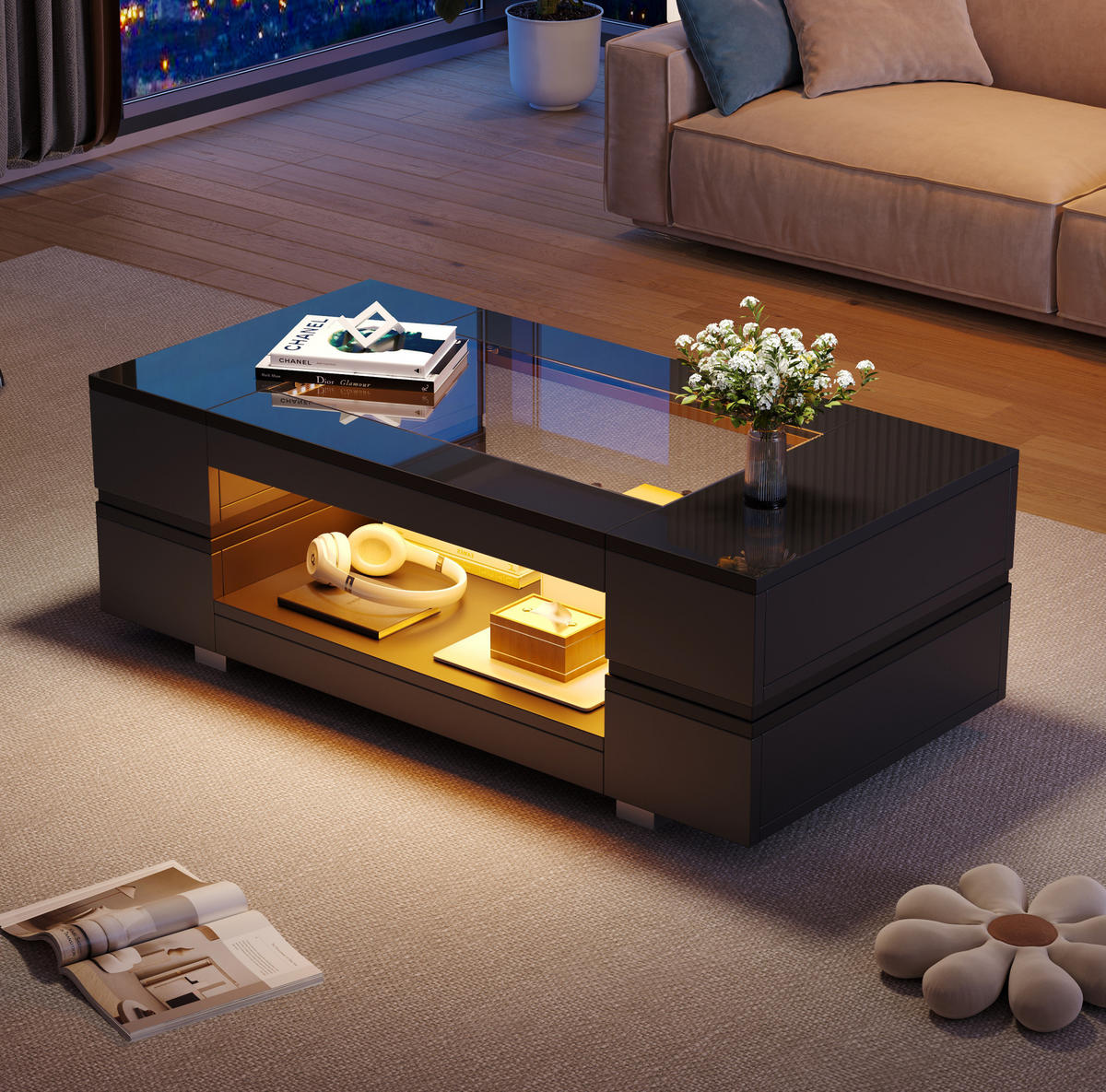 COUCHTISCH 100/50/35 cm schwarz mit LED-Beleuchtung - Schwarz, Holzwerkstoff (100/50/35cm) - OKWISH