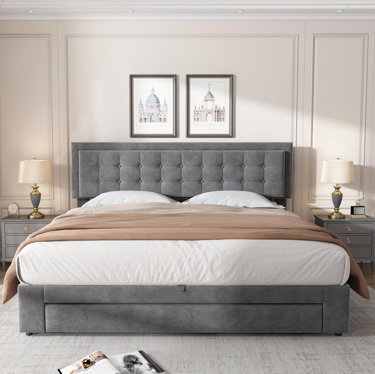 POLSTERBETT 180/200 cm Grau mit Stauraum und höhenverstellbarem Kopfteil - Grau, Textil (180/200cm) - OKWISH