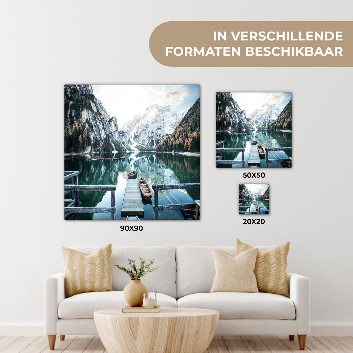 LEINWANDBILD Natur - Berge - Schnee - Wald - Boot 50x50 cm - Hellgrün, Textil (50/50cm) - MuchoWow