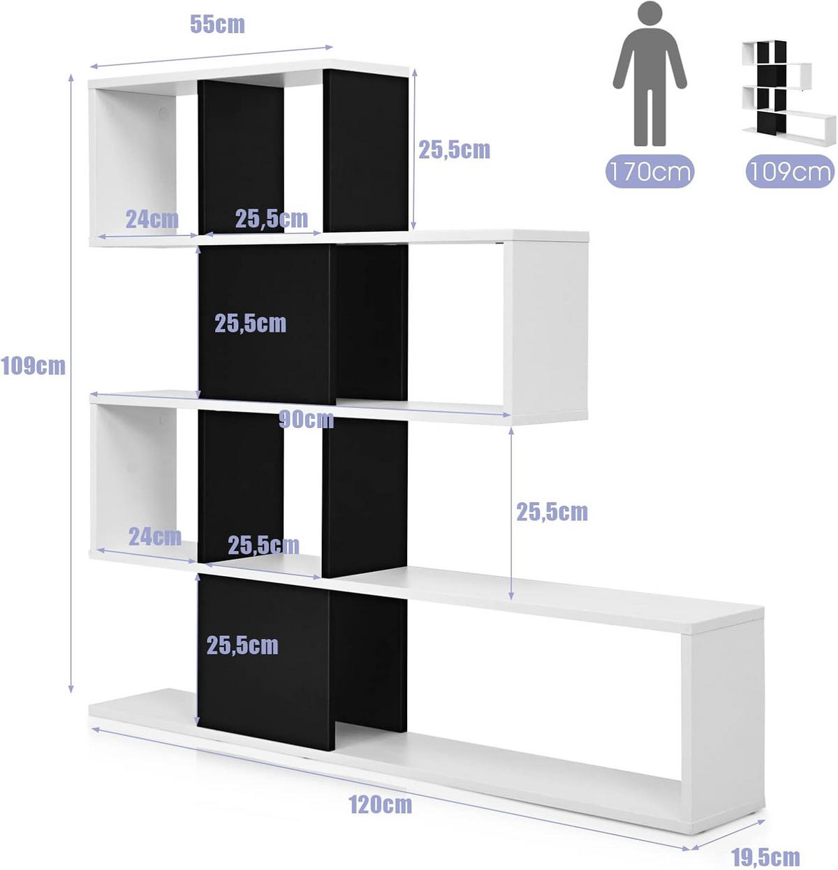 BÜCHERREGAL 5-stöckig Schwarz-Weiß - Schwarz, Holz (20/109/120cm) - COSTWAY