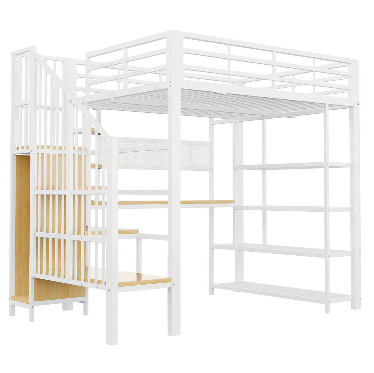 HOCHBETT 140/200 cm aus Metall und Holz mit Schreibtisch, LED und Treppe Weiß - Weiß, Metall (140/200cm) - OKMYHOME