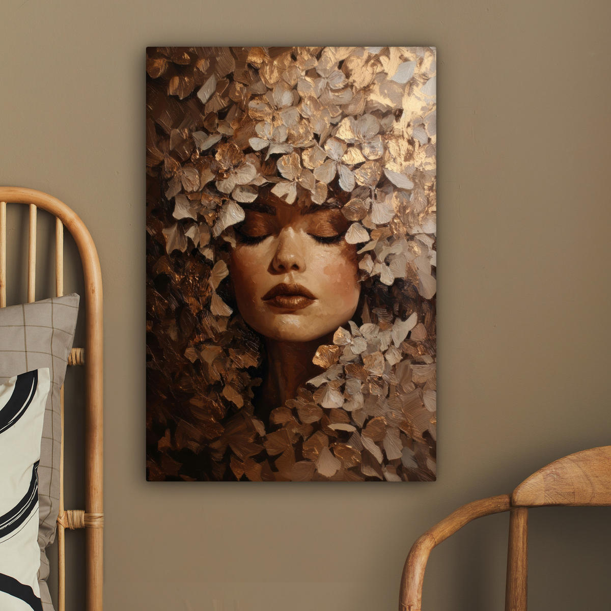 LEINWANDBILD Gesicht - Dame - Blätter - Pinselstriche Wanddeko Schlafzimmer 60x90 cm - Goldfarben, Textil (60/90cm) - MuchoWow