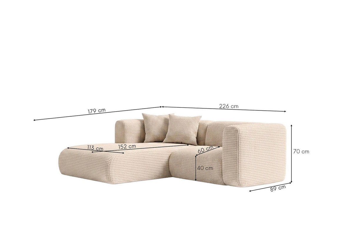 ECKSOFA L-Form mini, Chenille-Stoff Cremona, Creme, Links, GRETA - Creme, Holz (226/179cm) - Kaiser Möbel