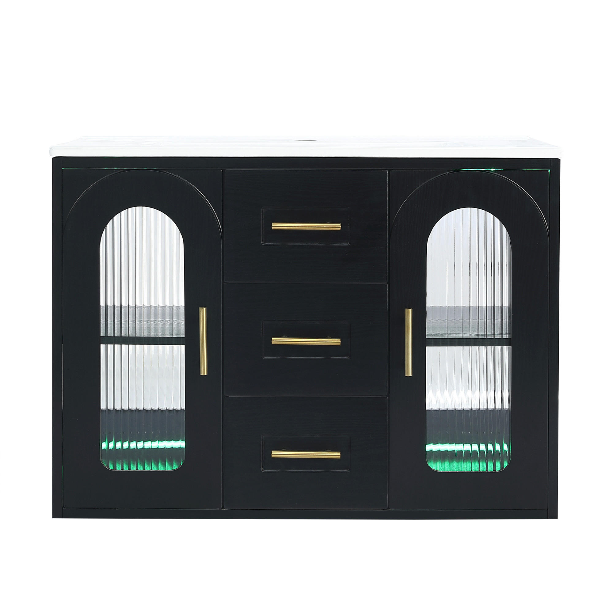 BADEZIMMERSCHRANK Wandmontiert Waschbecken LED Glasfront Schwarz 76cm - Schwarz, Glas (76/55/46cm) - FLIEKS