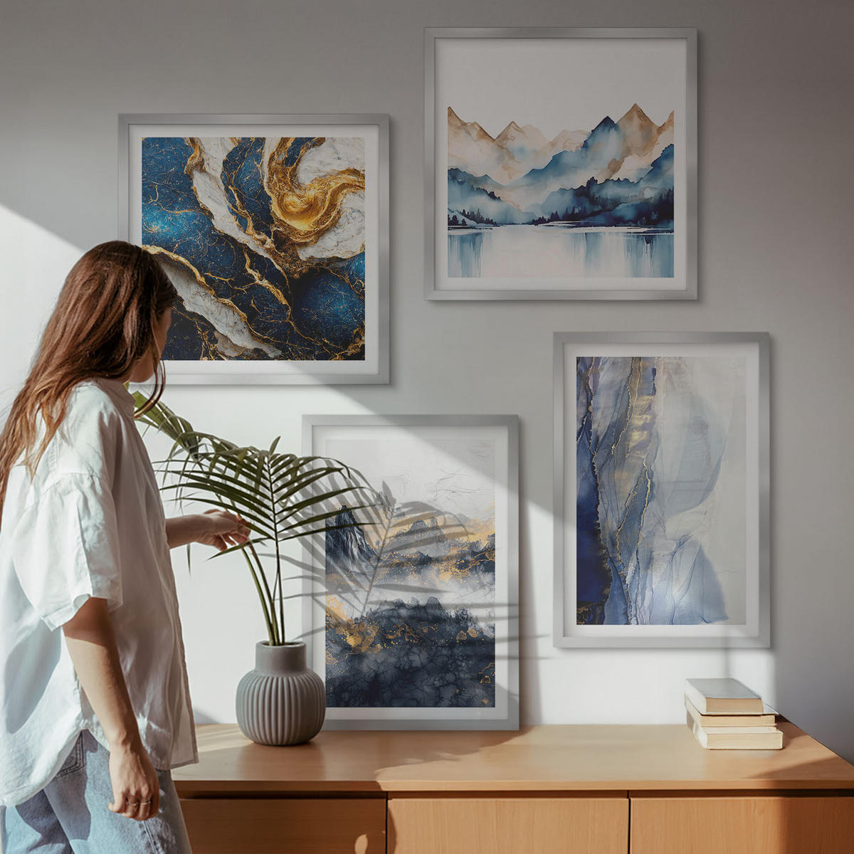 BILDER SET 4er Set - 50x50 cm & 40x60 cm Silberner Rahmen - Blaue Berglandschaften - Silberfarben, Kunststoff (50/50cm) - TULUP