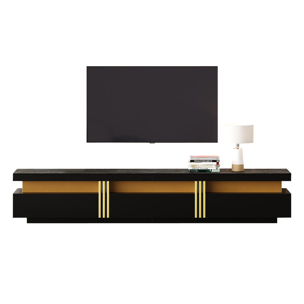 TV-SCHRANK 200x40cm Lowboard Modern Marmoroptik 3 Schubladen bis 90 Zoll - Schwarz, Holz (49.48/24.99/71.48cm) - FLIEKS