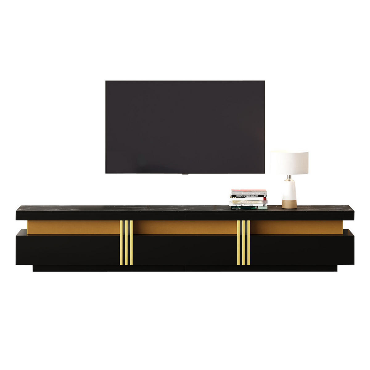 TV-SCHRANK 200x40cm Lowboard Modern Marmoroptik 3 Schubladen bis 90 Zoll - Schwarz, Holz (49.48/24.99/71.48cm) - FLIEKS