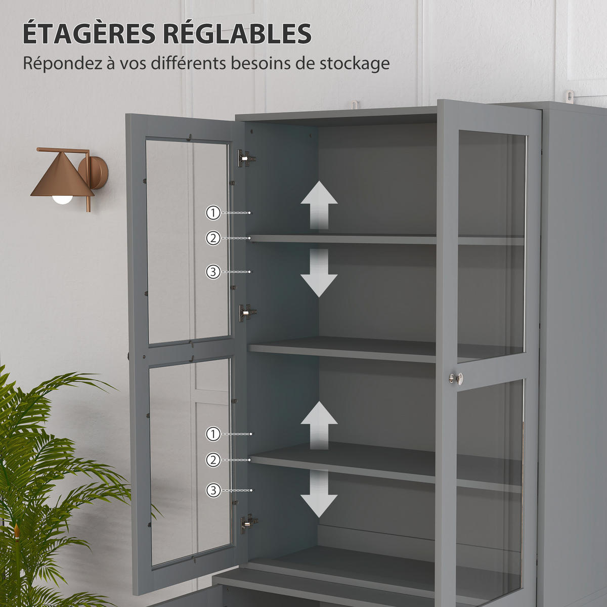 AKTENSCHRANK DE-14525 6 Ebenen mit 2 Glastüren, verstellbare Böden Grau - Grau, Holzwerkstoff (40/178.5/76cm) - ComfortXL