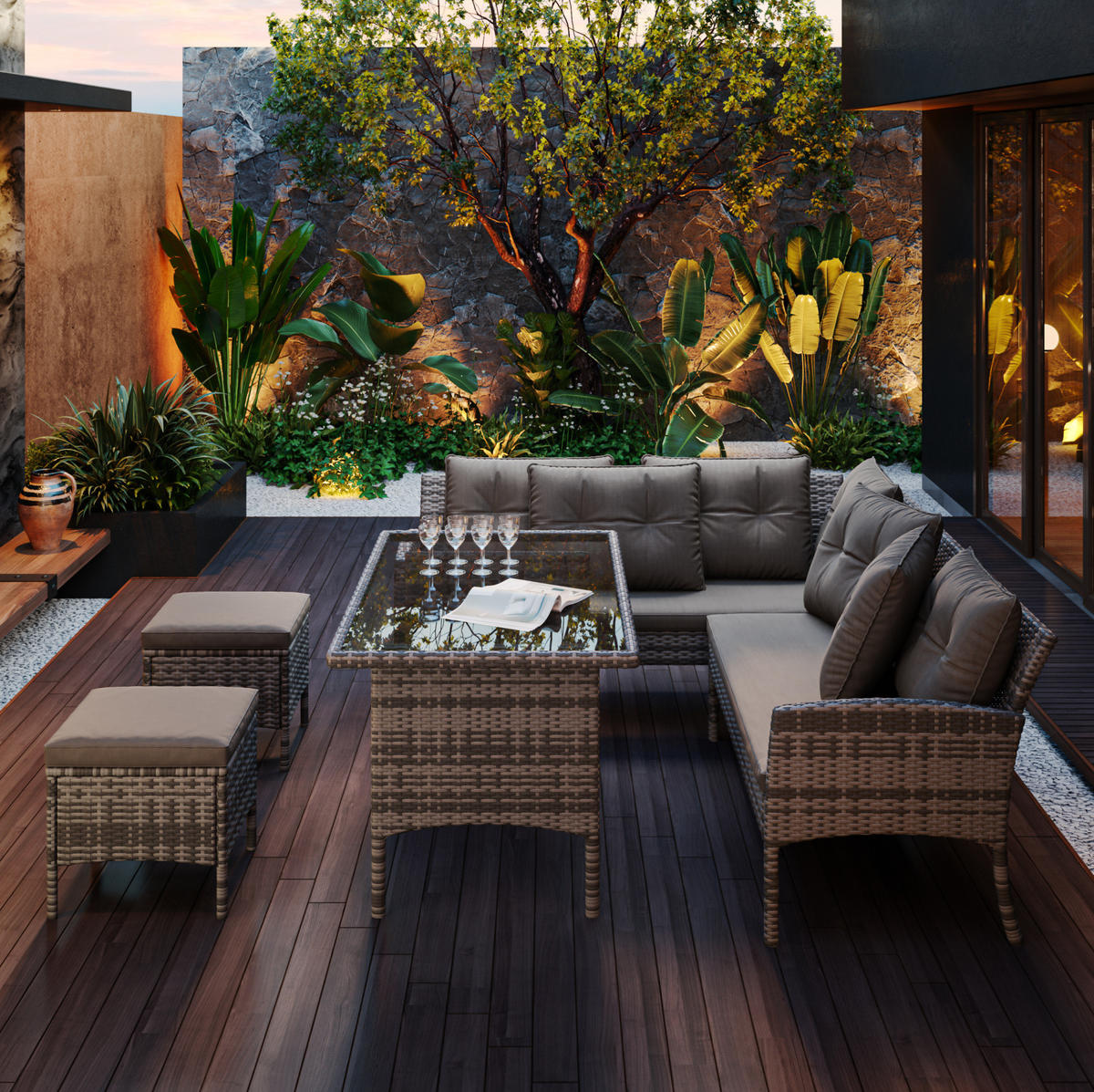 GARTENLOUNGE 7-Sitzer mit Esstisch, Hockern und waschbaren Kissenbezügen, Grau - Grau, Metall - Redom