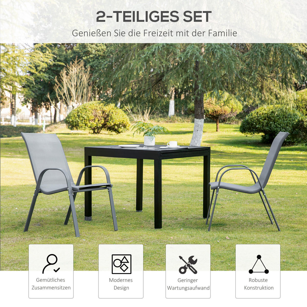 GARTENSTUHL, Essstühle, 2er-Set, mit Armlehne, Metall, Textil-Gewebe, Grau - Grau, Textil/Metall (54/90/70cm) - Outsunny