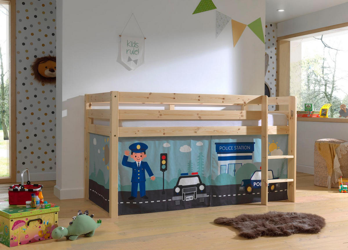 KINDERBETT Karolina 210x114x106 Massivholz Natur Textilset Polizei - Kieferfarben/Hellblau, Holz (90/200cm) - 58aufmkessel