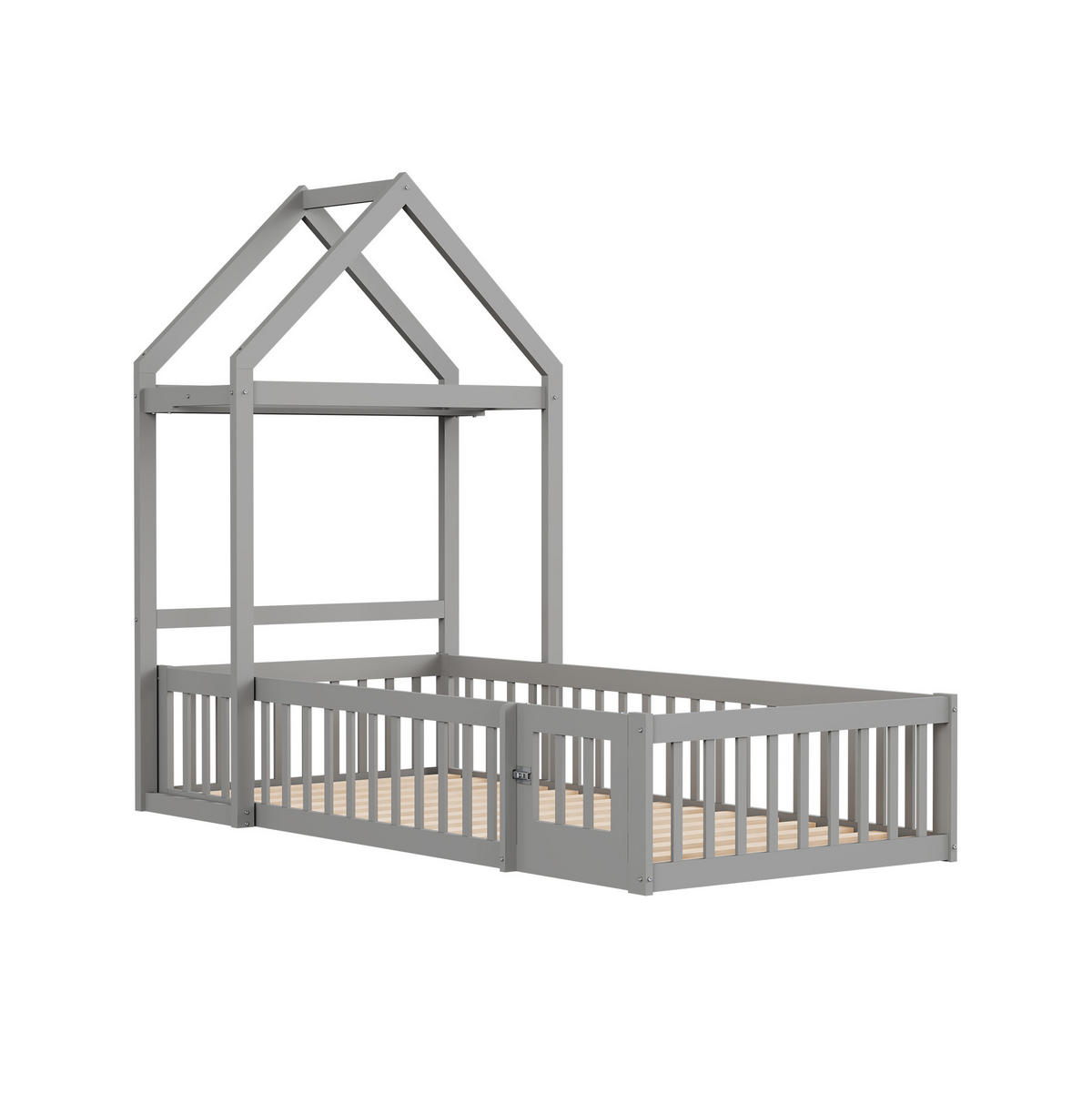 HAUSBETT aus 90x200 cm Grau mit Dach, Stauraum, Tür und Lattenrost - Grau, Holzwerkstoff (90/200cm) - Modfu