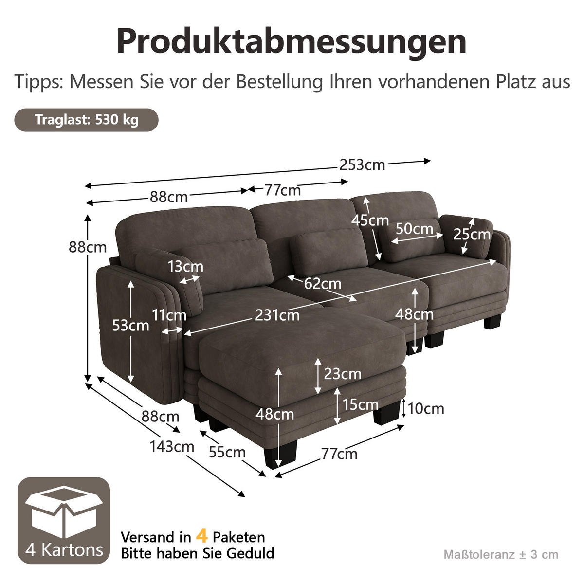 ECKSOFA L-Form 3-Sitzer modular mit Ottomane, DE-42686, Braun - Braun, Holz (253/143cm) - ComfortXL