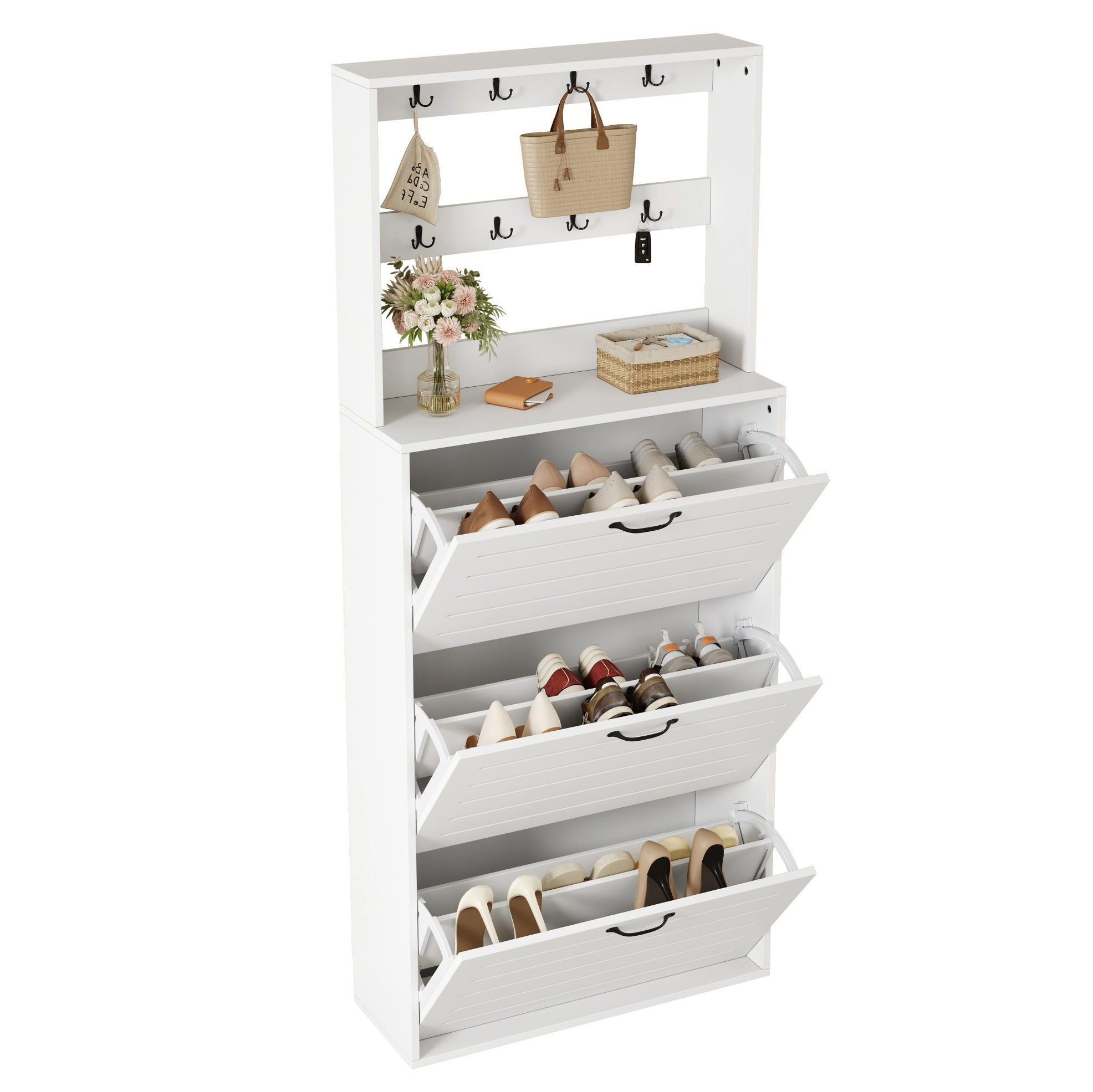 SCHUHSCHRANK 70/25/165 cm in Weiß mit 8 Haken und 3 Schuhregalen - Weiß, Holzwerkstoff (70/163/25cm) - Flora Grace