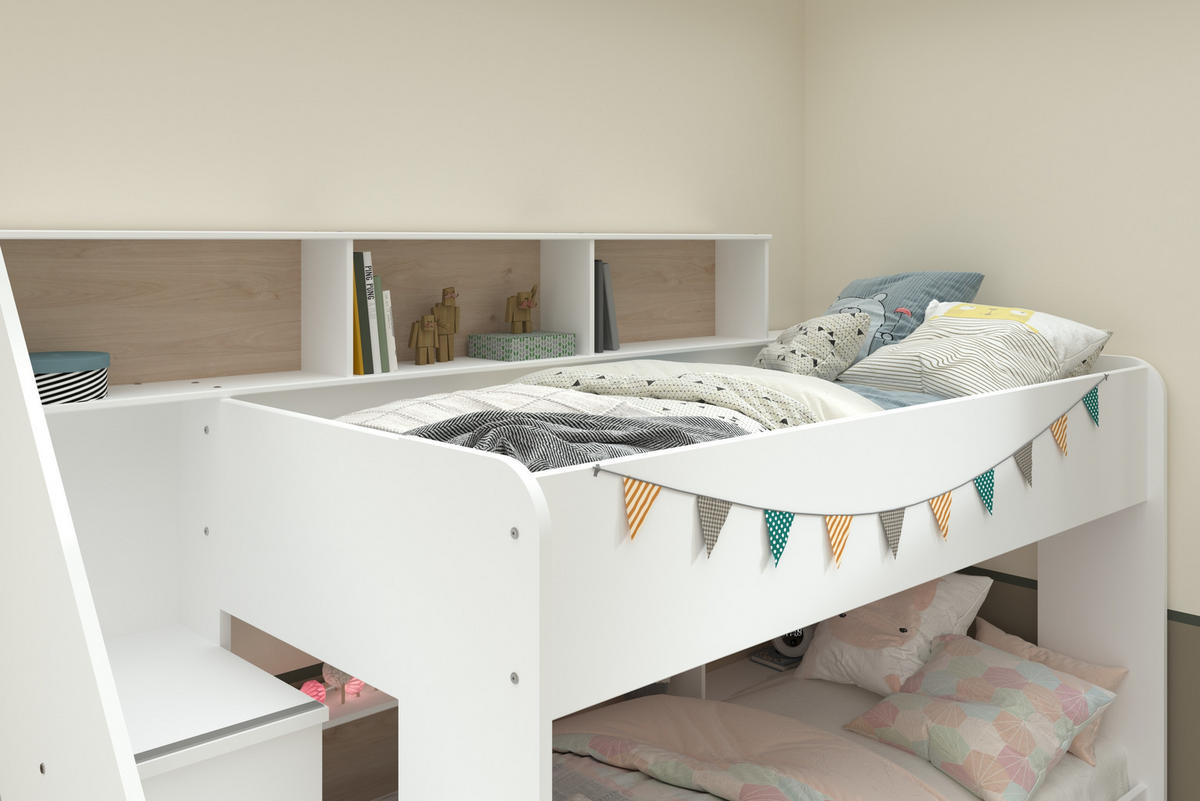 ETAGENBETT Bibop 1 in Weiß und Jackson Eiche mit Bettschubkasten - Weiß, Holzwerkstoff (90/190cm)