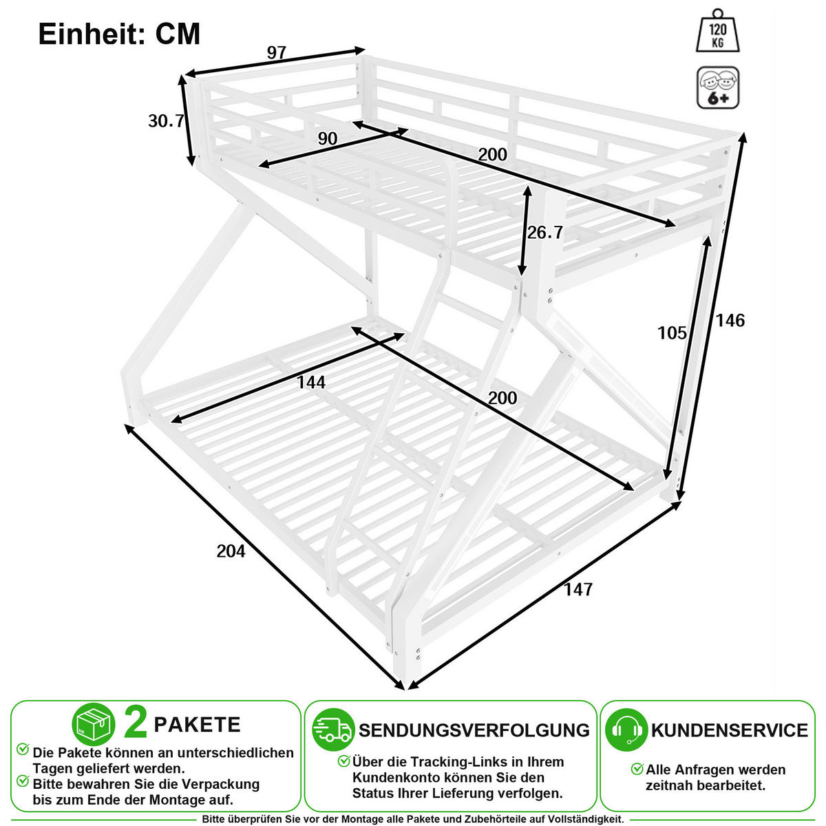 ETAGENBETT 90/200 cm & 140/200 cm in Weiß mit LED, Leiter und Sicherheitsgeländer - Weiß, Metall (90/200cm) - CHICFURN